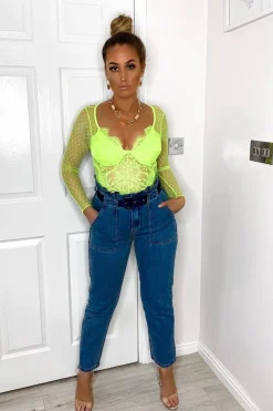 Rebellious Fashion Neon Yellow Dobby Mesh Low Cut Bodysuit - Tamara
