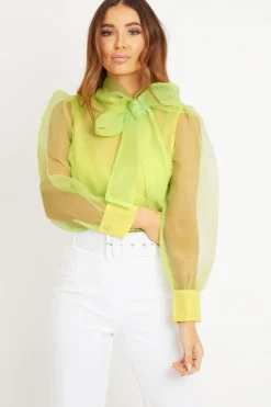 Rebellious Fashion Neon Yellow Mesh Balloon Sleeve Blouse - Elvina