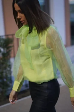 Rebellious Fashion Neon Yellow Mesh Balloon Sleeve Blouse - Elvina