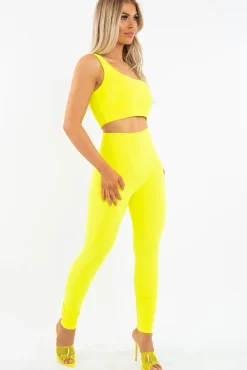 Rebellious Fashion Neon Yellow One Shoulder Crop Top and Leggings Co-Ord - Marrie