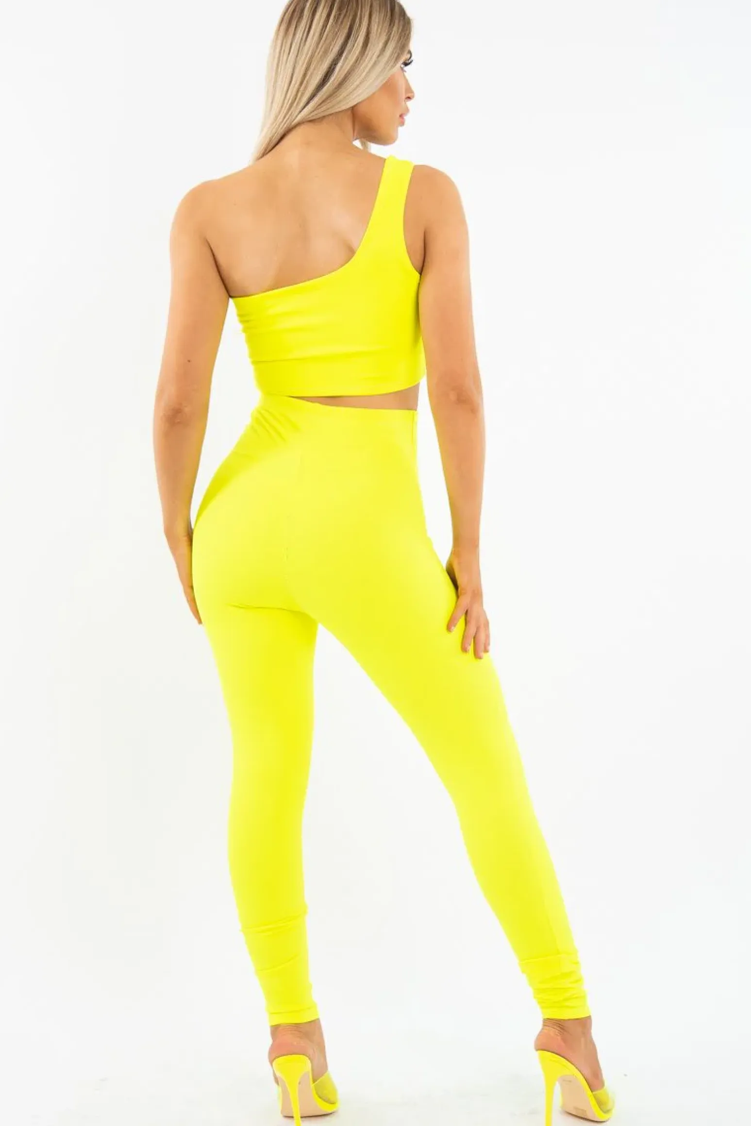 Rebellious Fashion Neon Yellow One Shoulder Crop Top and Leggings Co-Ord - Marrie