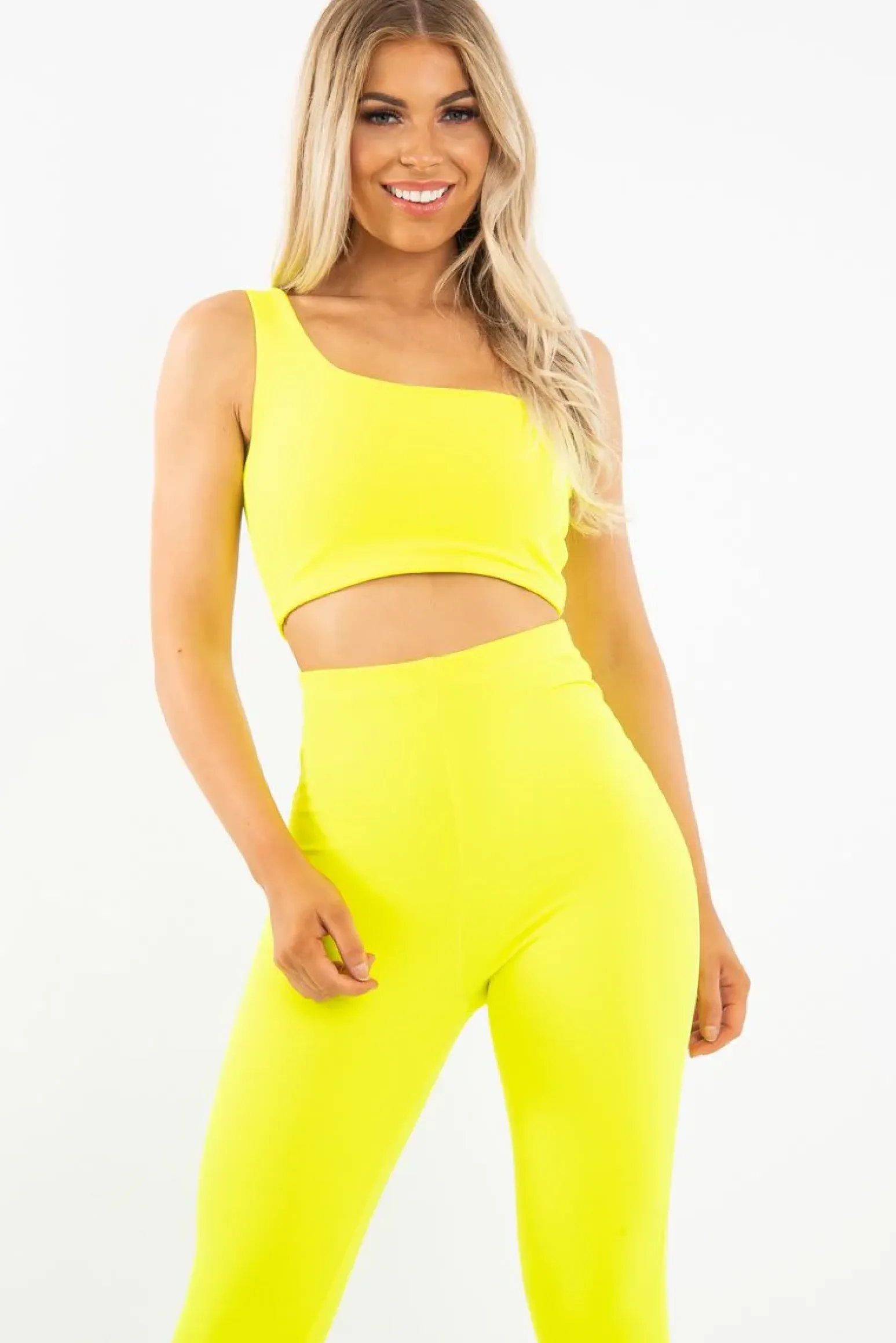 Rebellious Fashion Neon Yellow One Shoulder Crop Top and Leggings Co-Ord - Marrie