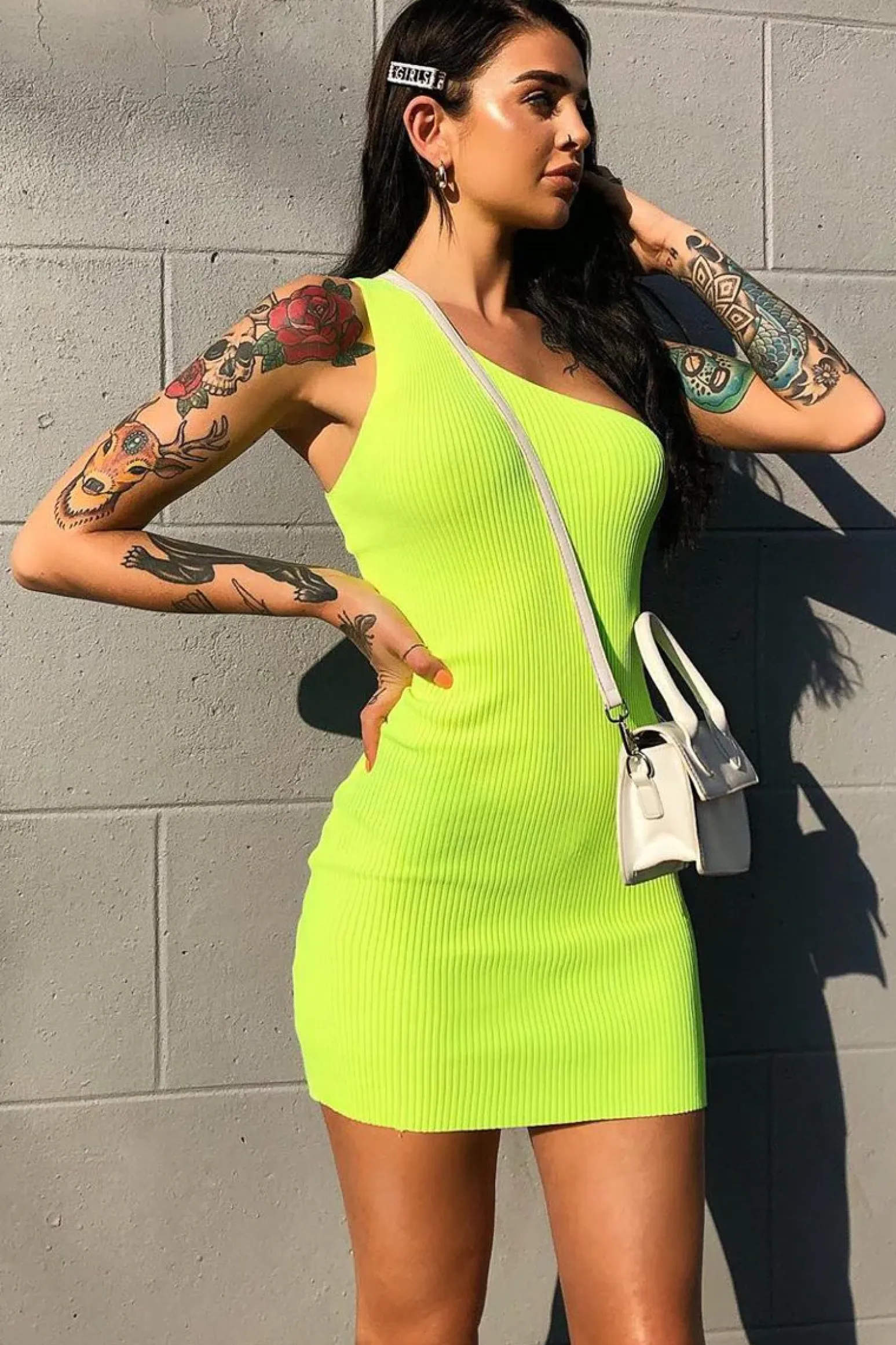 Rebellious Fashion Neon Yellow Rib Knit One Shoulder Mini Dress - Elisabeth