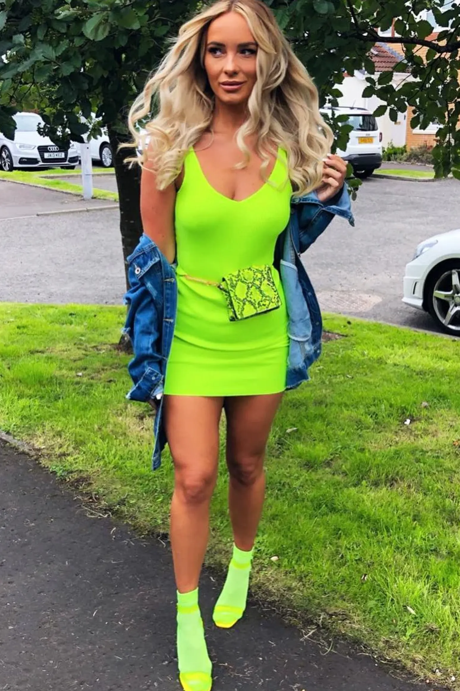 Rebellious Fashion Neon Yellow Rib Knit V Neck Mini Bodycon Dress - Amylia