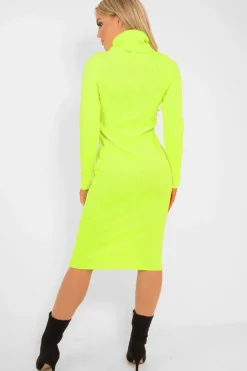 Rebellious Fashion Neon Yellow Roll Neck Rib Midi Jumper Dress - Giana