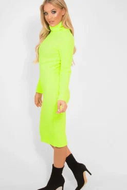 Rebellious Fashion Neon Yellow Roll Neck Rib Midi Jumper Dress - Giana