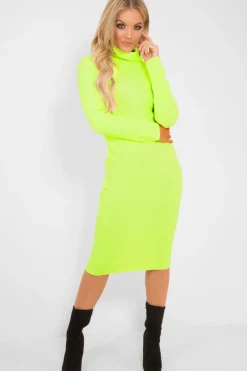 Rebellious Fashion Neon Yellow Roll Neck Rib Midi Jumper Dress - Giana