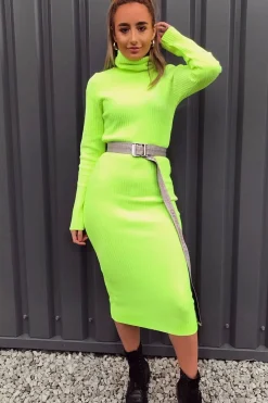 Rebellious Fashion Neon Yellow Roll Neck Rib Midi Jumper Dress - Giana