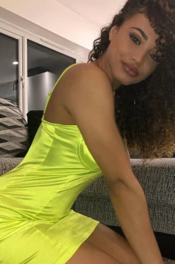 Rebellious Fashion Neon Yellow Satin Clasp Front Cup Mini Dress - Teana