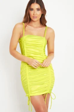 Rebellious Fashion Neon Yellow Satin Ruched Front Mini Dress - Delsie