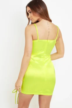 Rebellious Fashion Neon Yellow Satin Ruched Front Mini Dress - Delsie