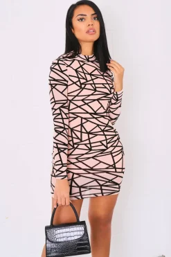 Rebellious Fashion Nude Black Asymmetric Print High Neck Dress - Clydie