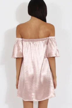 Rebellious Fashion Nude Pink Metallic Bardot Dress - Maria