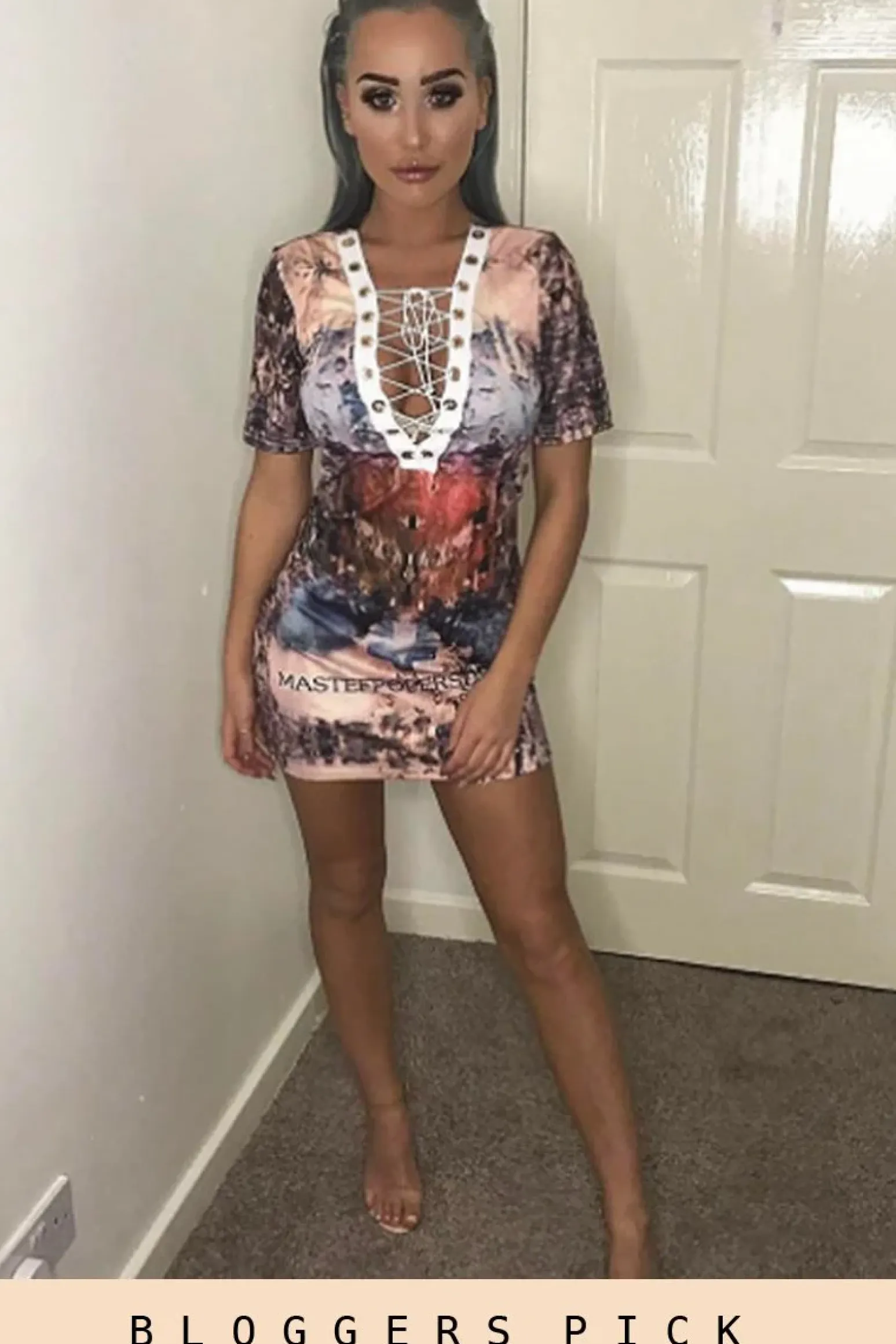 Rebellious Fashion Nude Printed Lace Up T-shirt Dress - Tasha