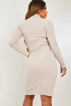 Rebellious Fashion Nude Ribbed Roll Neck Midi Dress - Ema