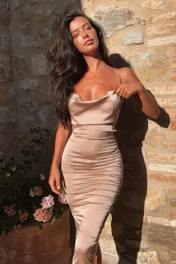 Rebellious Fashion Nude Satin Cowl Neck Midi Bodycon Dress - Liliana