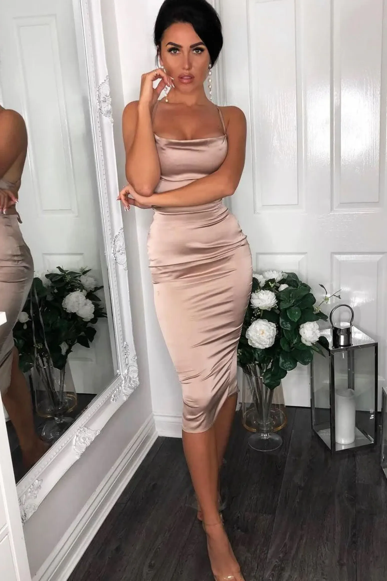 Rebellious Fashion Nude Satin Cowl Neck Midi Bodycon Dress - Liliana
