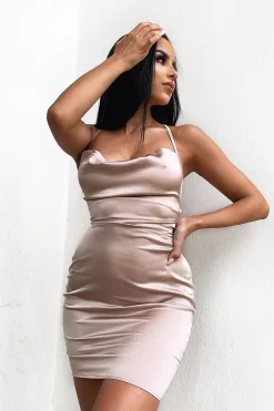 Rebellious Fashion Nude Satin Lace Up Bodycon Mini Dress - Sira