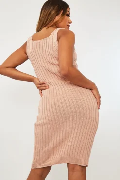 Rebellious Fashion Nude Strappy Knit Midi Dress - Graciella