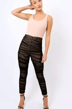 Rebellious Fashion Nude & Black Ruched Jumpsuit - Anya