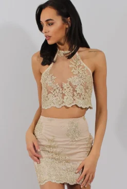 Rebellious Fashion Nude & Gold Embellished Co-ord - Norah