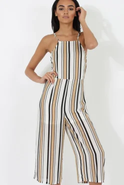Rebellious Fashion Nude & White Stripe Culotte Jumpsuit - Josephine