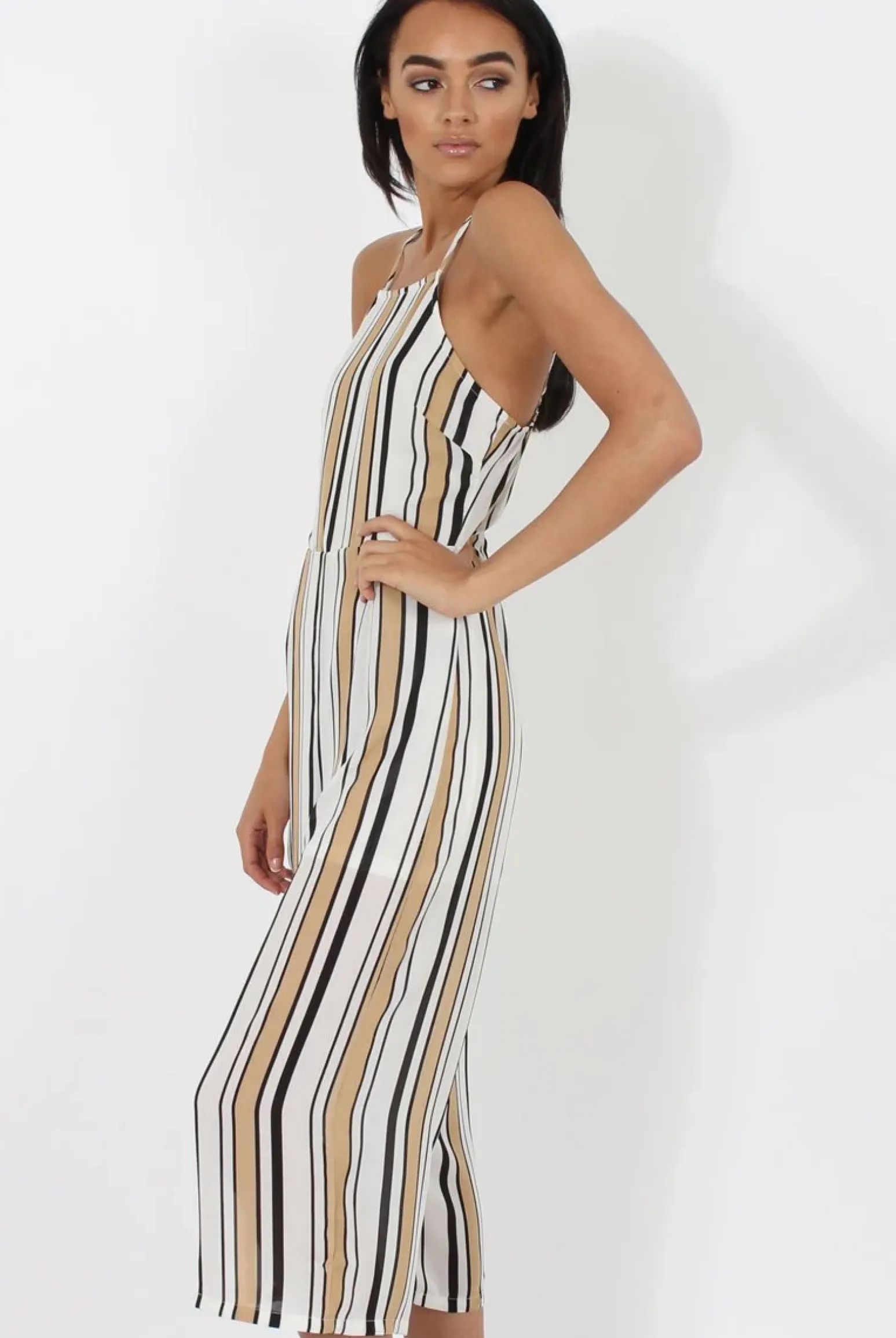 Rebellious Fashion Nude & White Stripe Culotte Jumpsuit - Josephine