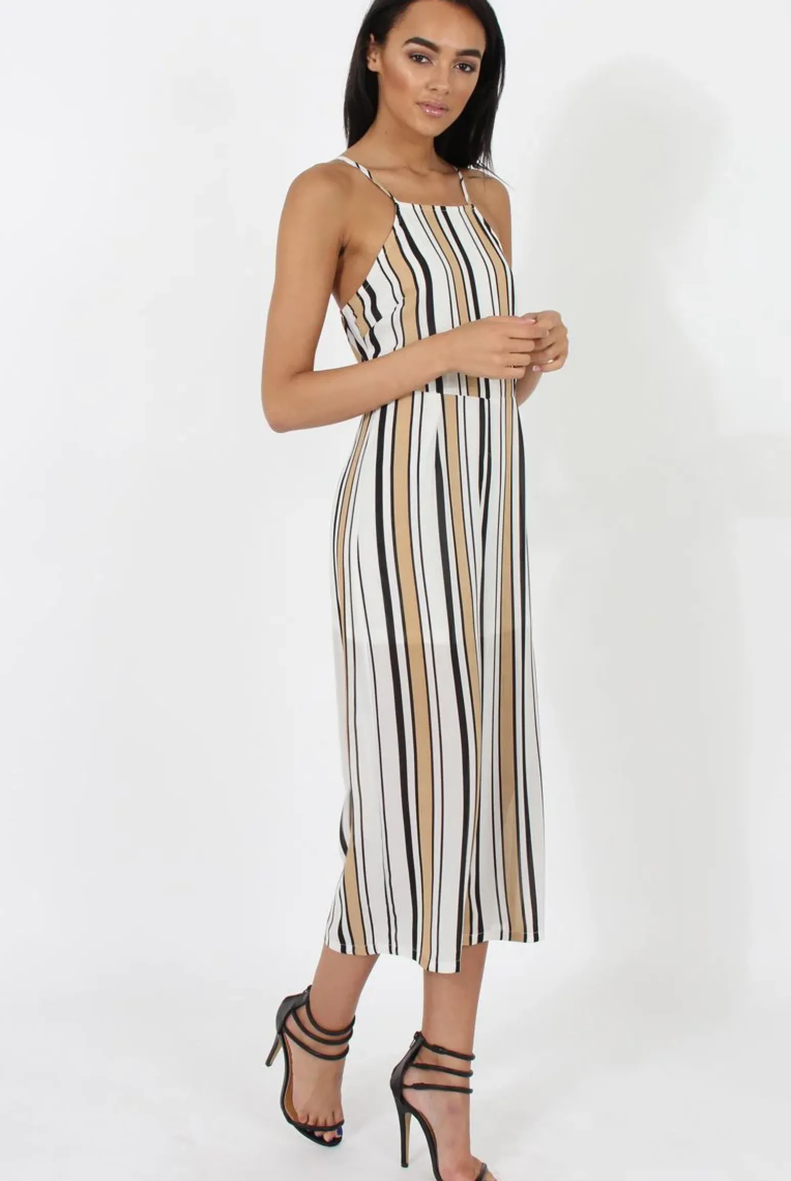 Rebellious Fashion Nude & White Stripe Culotte Jumpsuit - Josephine