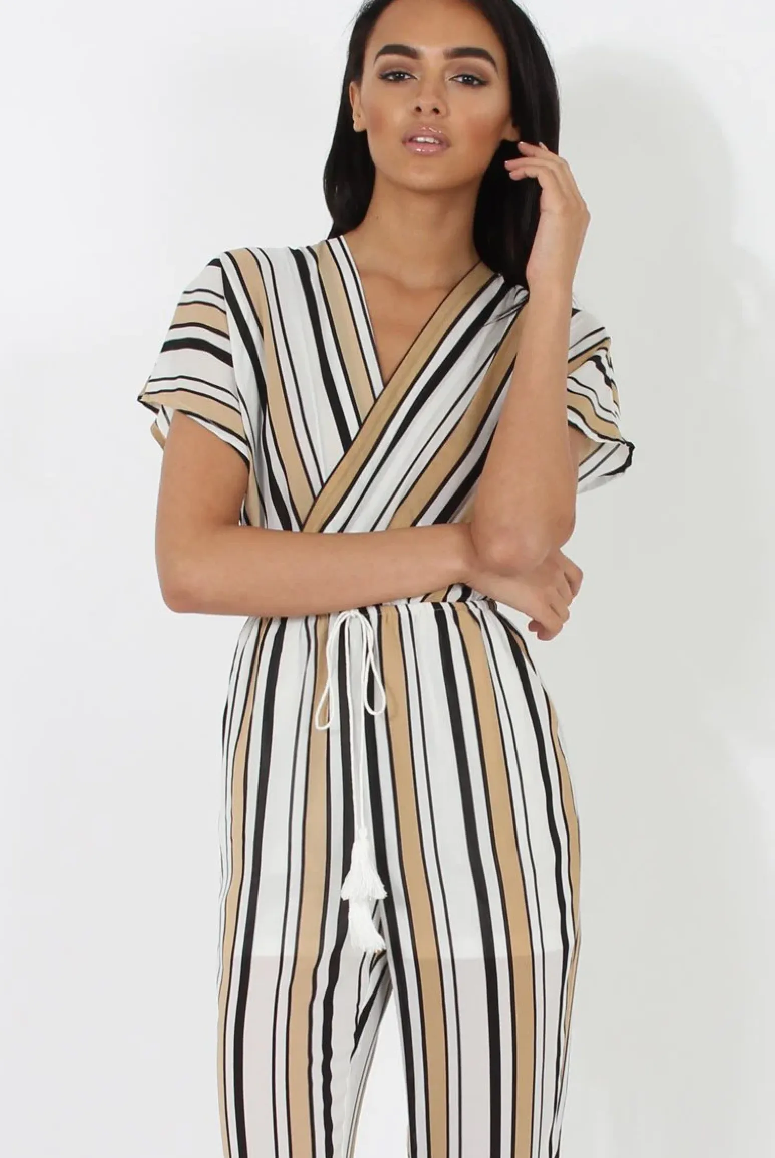 Rebellious Fashion Nude & White Wrap Around Jumpsuit - Alma