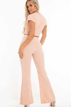 Rebellious Fashion Nude Bandage Rib Tie Waist T-Shirt Trousers Co-Ord - Kalise