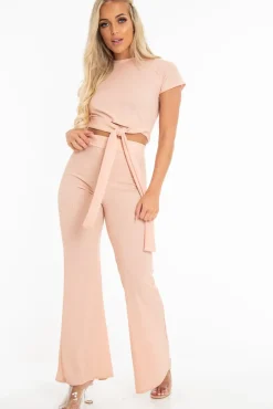 Rebellious Fashion Nude Bandage Rib Tie Waist T-Shirt Trousers Co-Ord - Kalise
