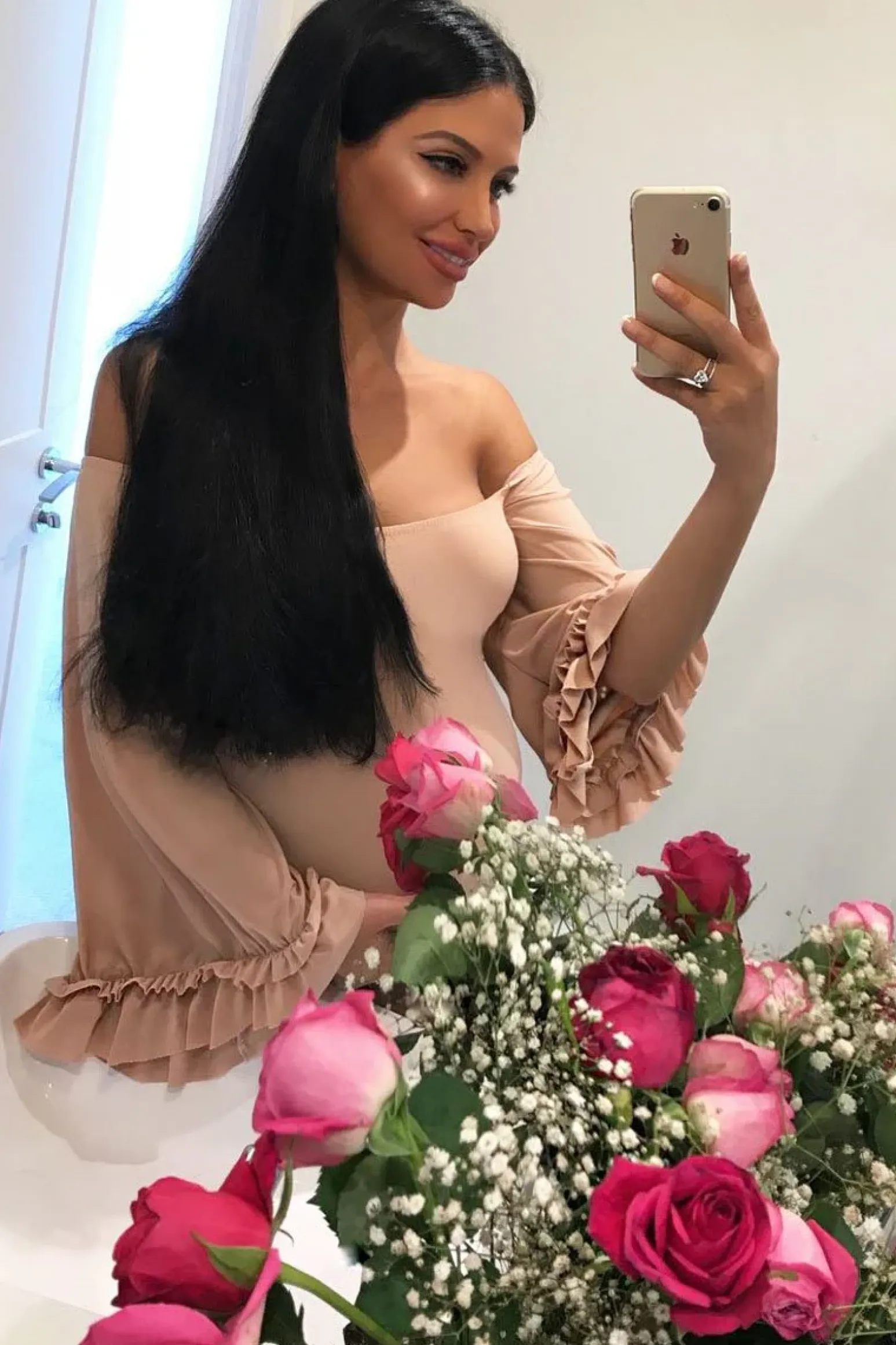 Rebellious Fashion Nude Bardot Frill Flare Sleeve Bodysuit - Sofiya