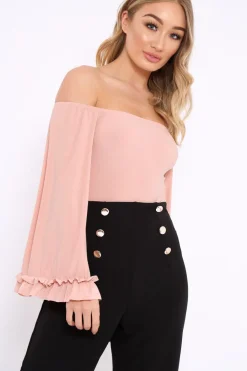 Rebellious Fashion Nude Bardot Frill Flare Sleeve Bodysuit - Sofiya