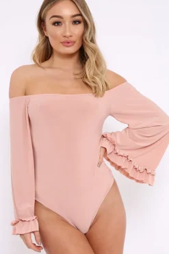 Rebellious Fashion Nude Bardot Frill Flare Sleeve Bodysuit - Sofiya