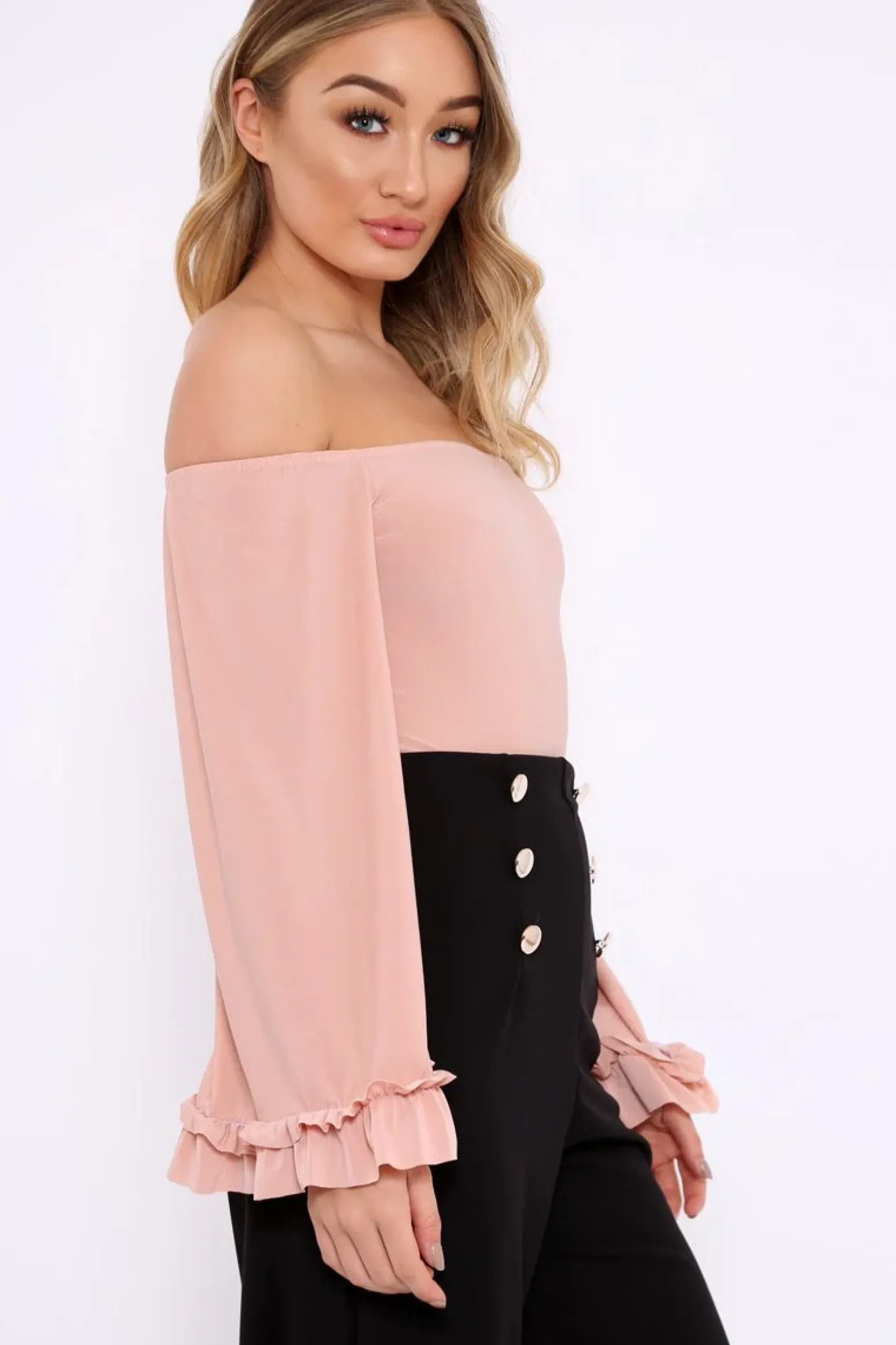 Rebellious Fashion Nude Bardot Frill Flare Sleeve Bodysuit - Sofiya