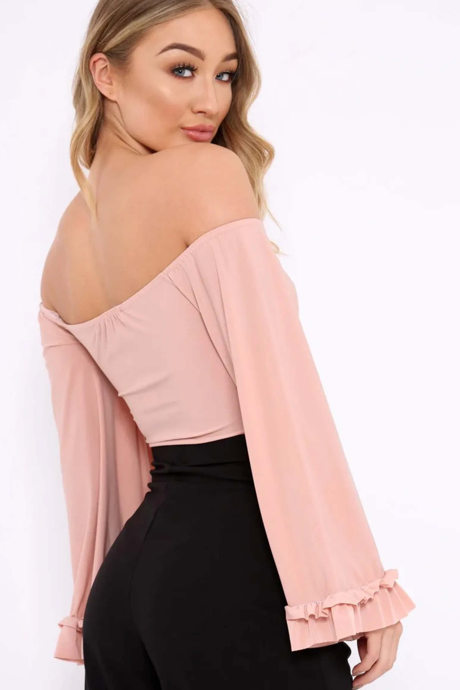 Rebellious Fashion Nude Bardot Frill Flare Sleeve Bodysuit - Sofiya