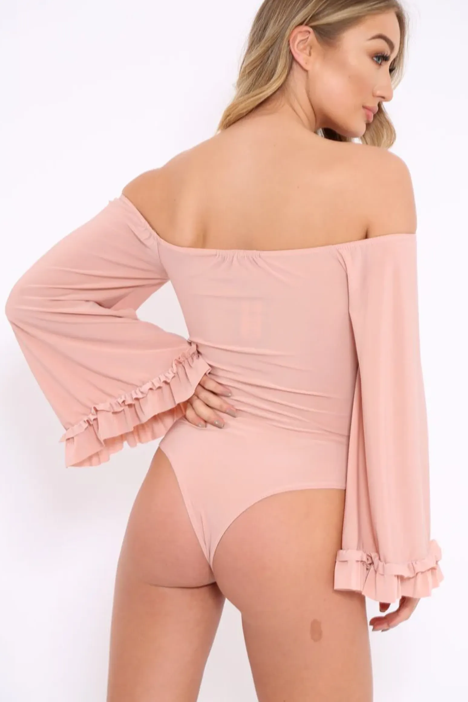 Rebellious Fashion Nude Bardot Frill Flare Sleeve Bodysuit - Sofiya
