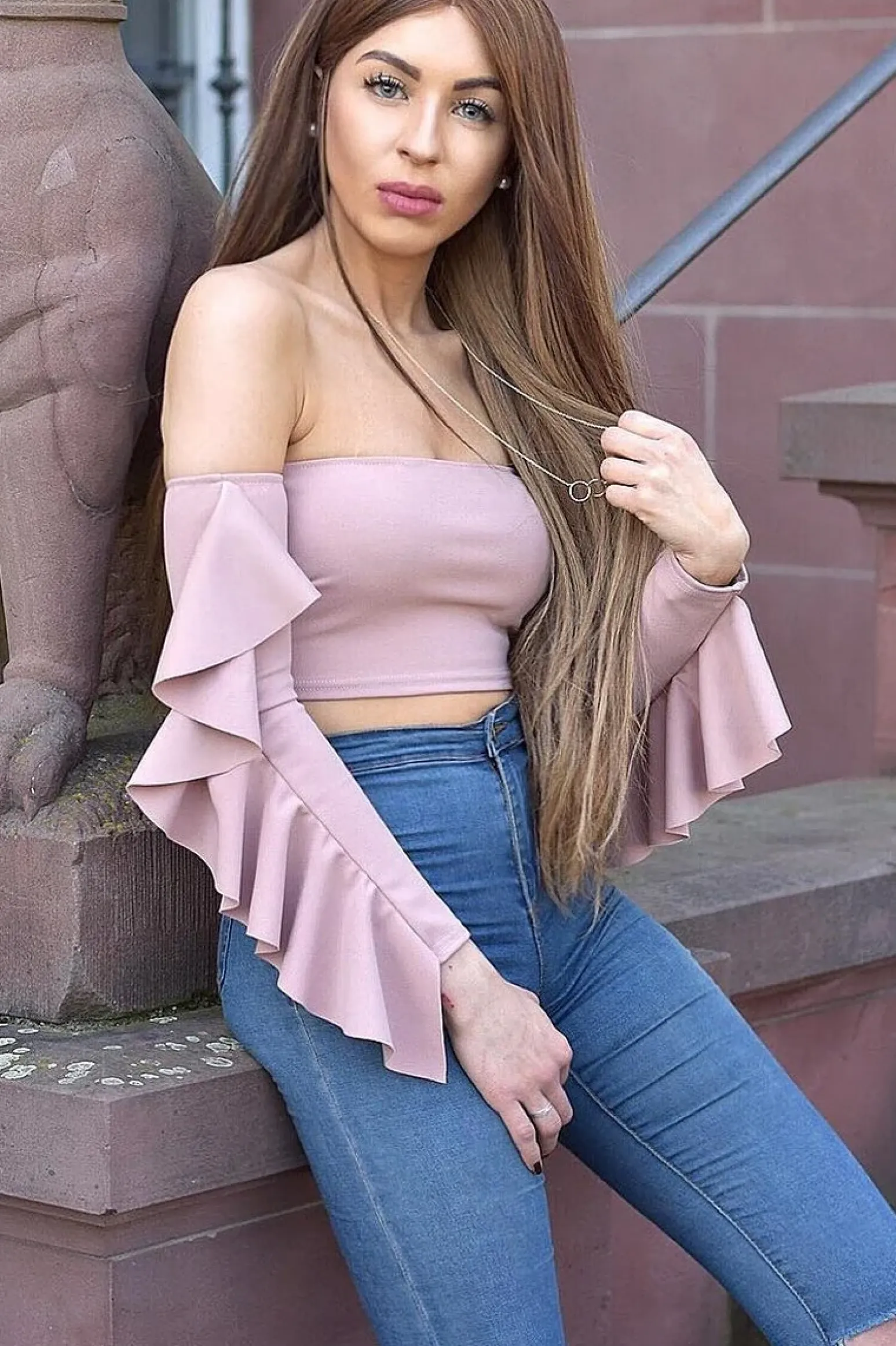 Rebellious Fashion Nude Bardot Frill Sleeve Crop Top - Nancie