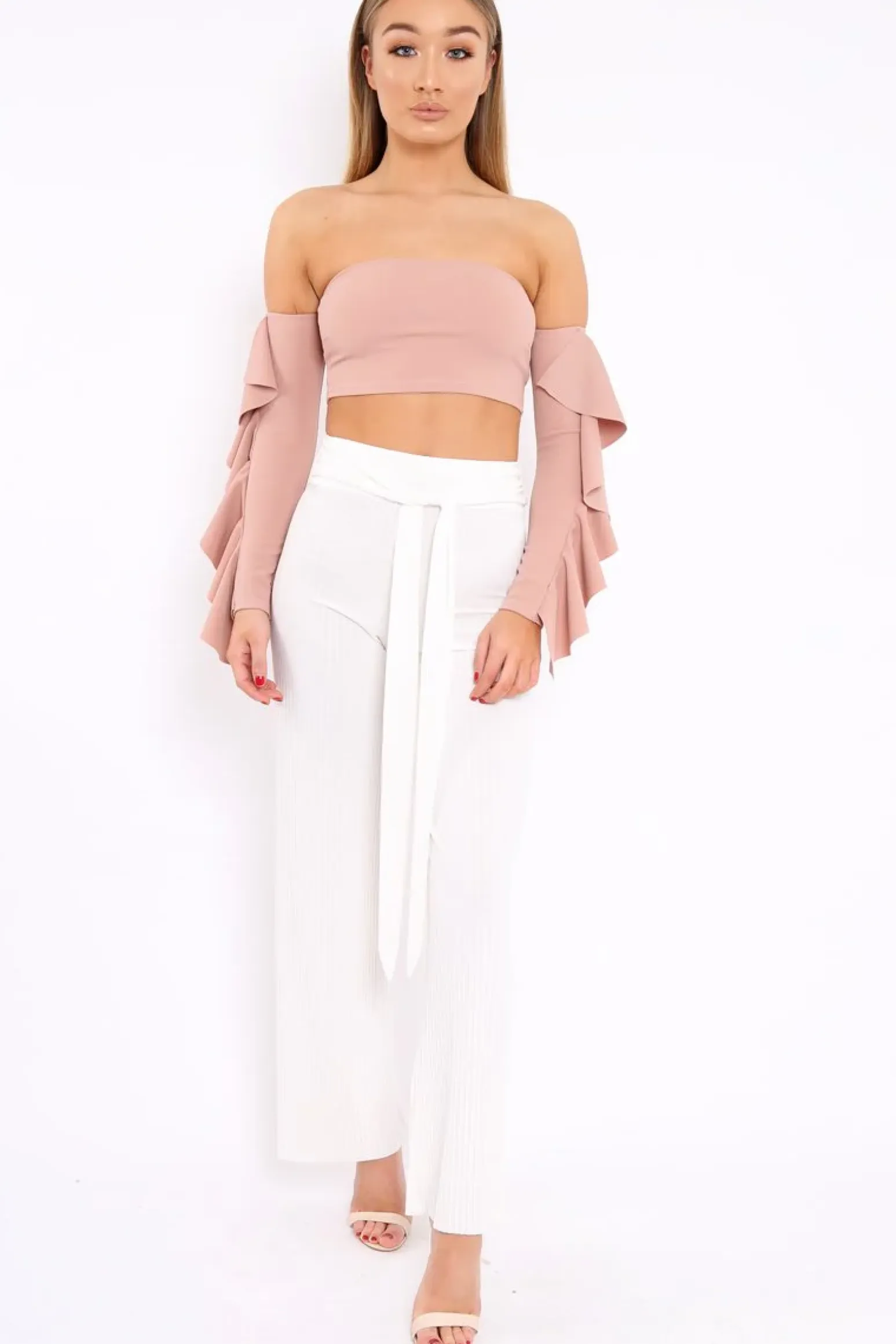 Rebellious Fashion Nude Bardot Frill Sleeve Crop Top - Nancie
