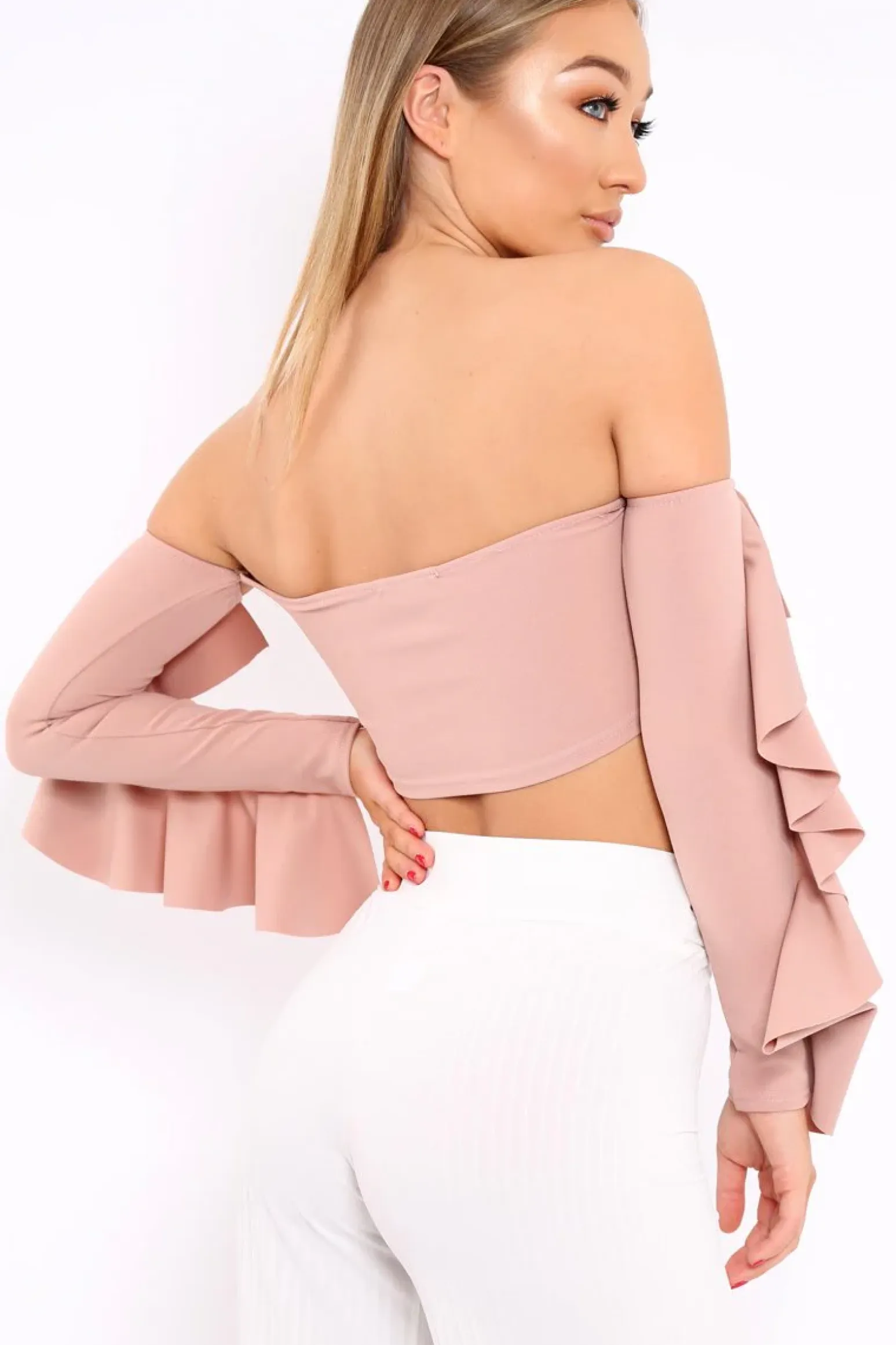 Rebellious Fashion Nude Bardot Frill Sleeve Crop Top - Nancie