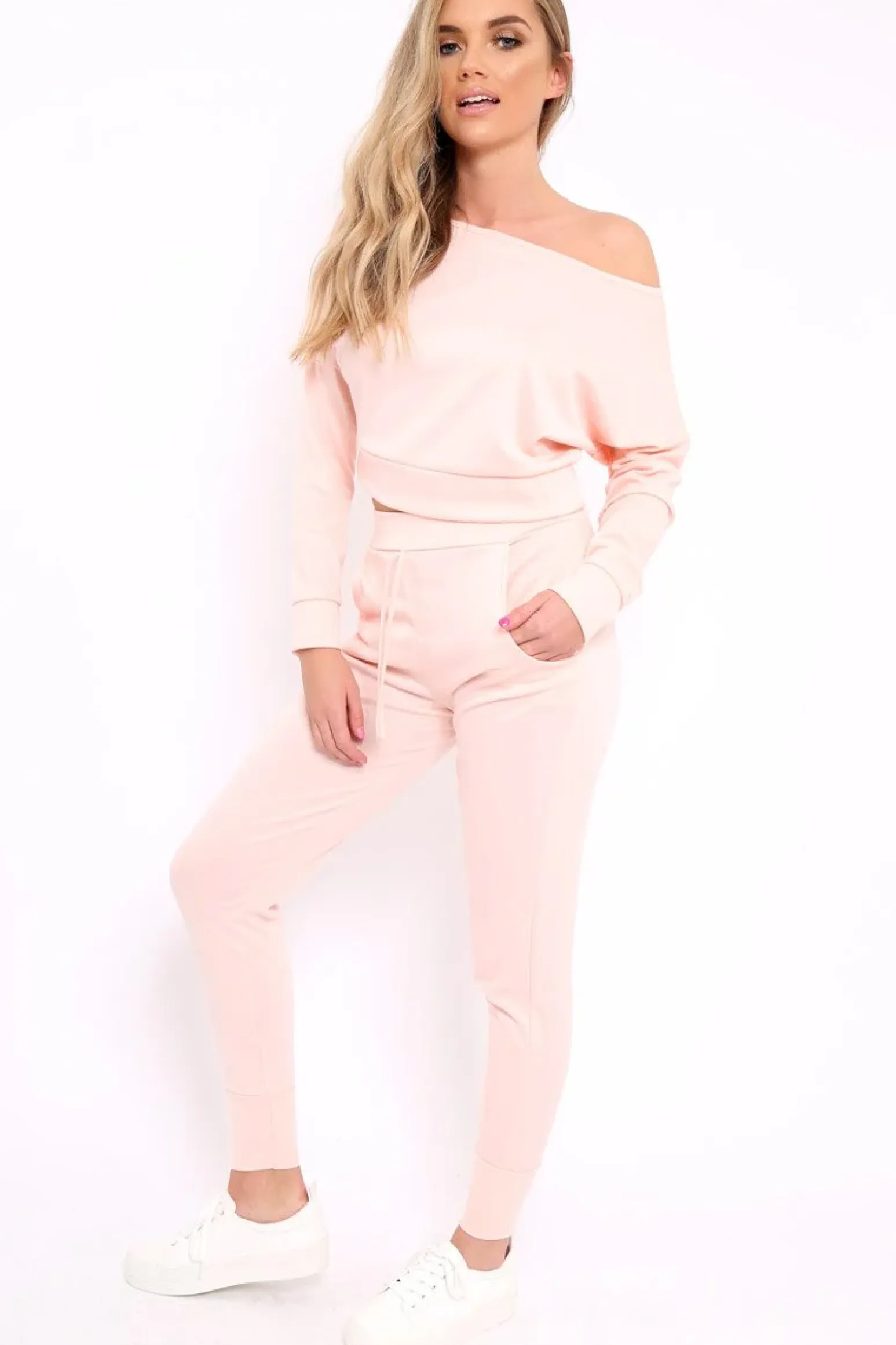 Rebellious Fashion Nude Bardot Sweatshirt and Joggers Loungewear Set - Marnie