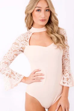Rebellious Fashion Nude Bell Sleeve Lace Insert Choker Bodysuit - Evie