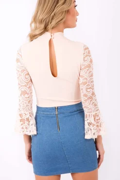 Rebellious Fashion Nude Bell Sleeve Lace Insert Choker Bodysuit - Evie