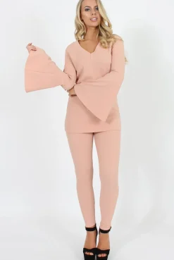 Rebellious Fashion Nude Bell Sleeve Two Piece Set- Terry