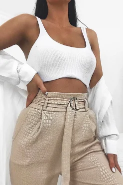 Rebellious Fashion Nude Belted Croc Print Tapered Trousers - Aasia