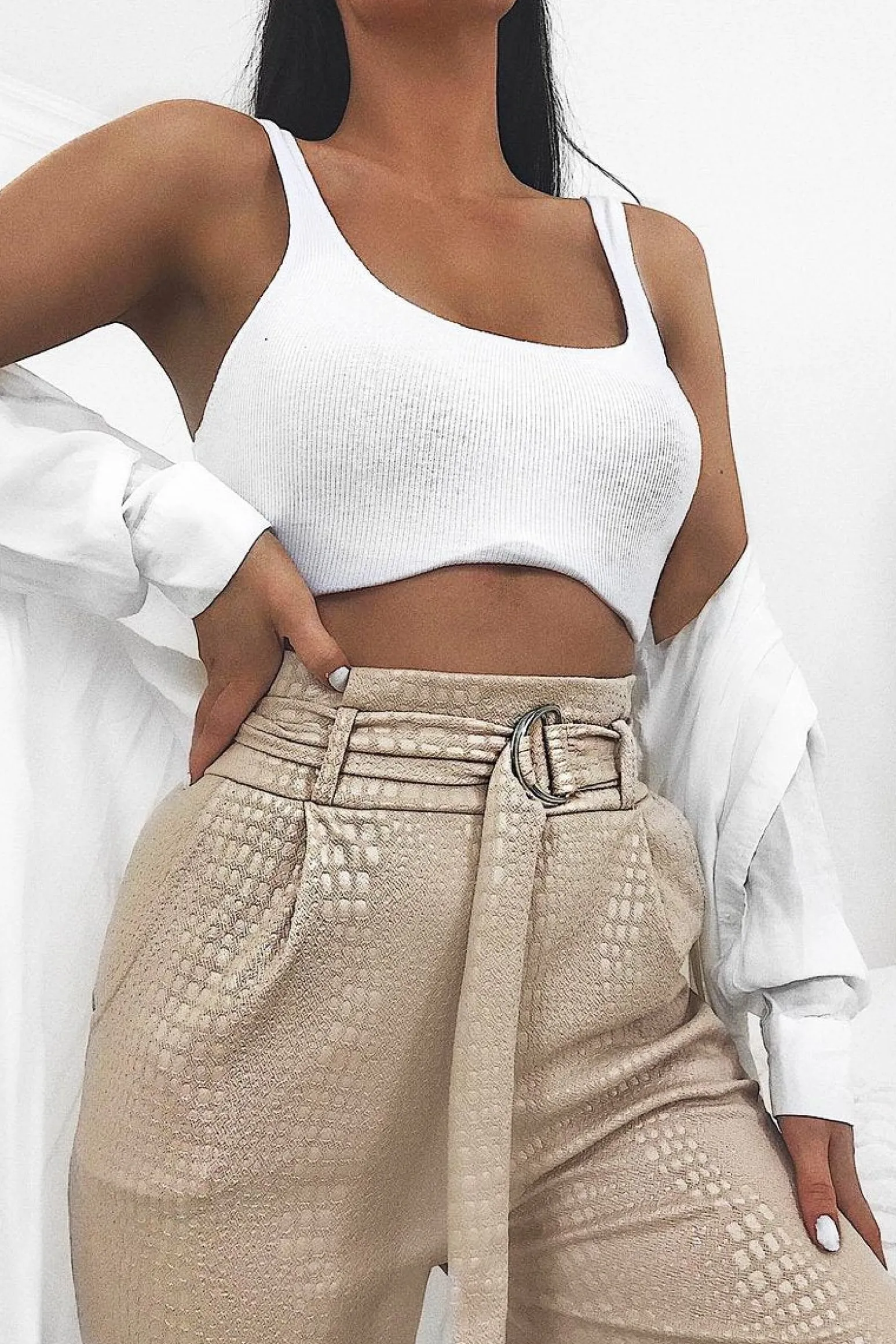 Rebellious Fashion Nude Belted Croc Print Tapered Trousers - Aasia