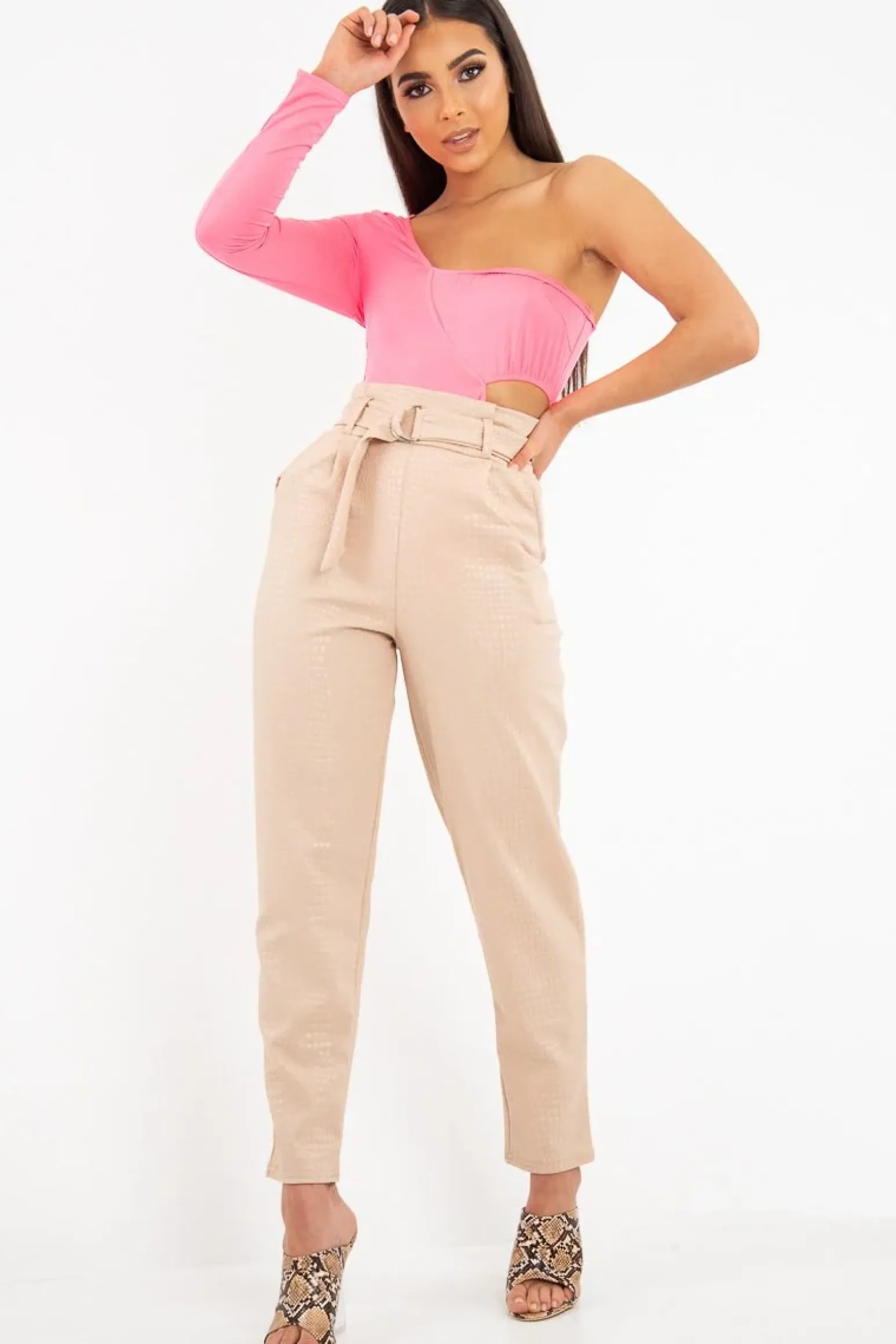 Rebellious Fashion Nude Belted Croc Print Tapered Trousers - Aasia