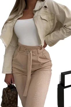 Rebellious Fashion Nude Belted Croc Print Tapered Trousers - Aasia