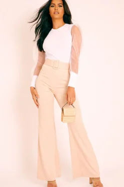 Rebellious Fashion Nude Belted Wide Leg Trousers - Isadore