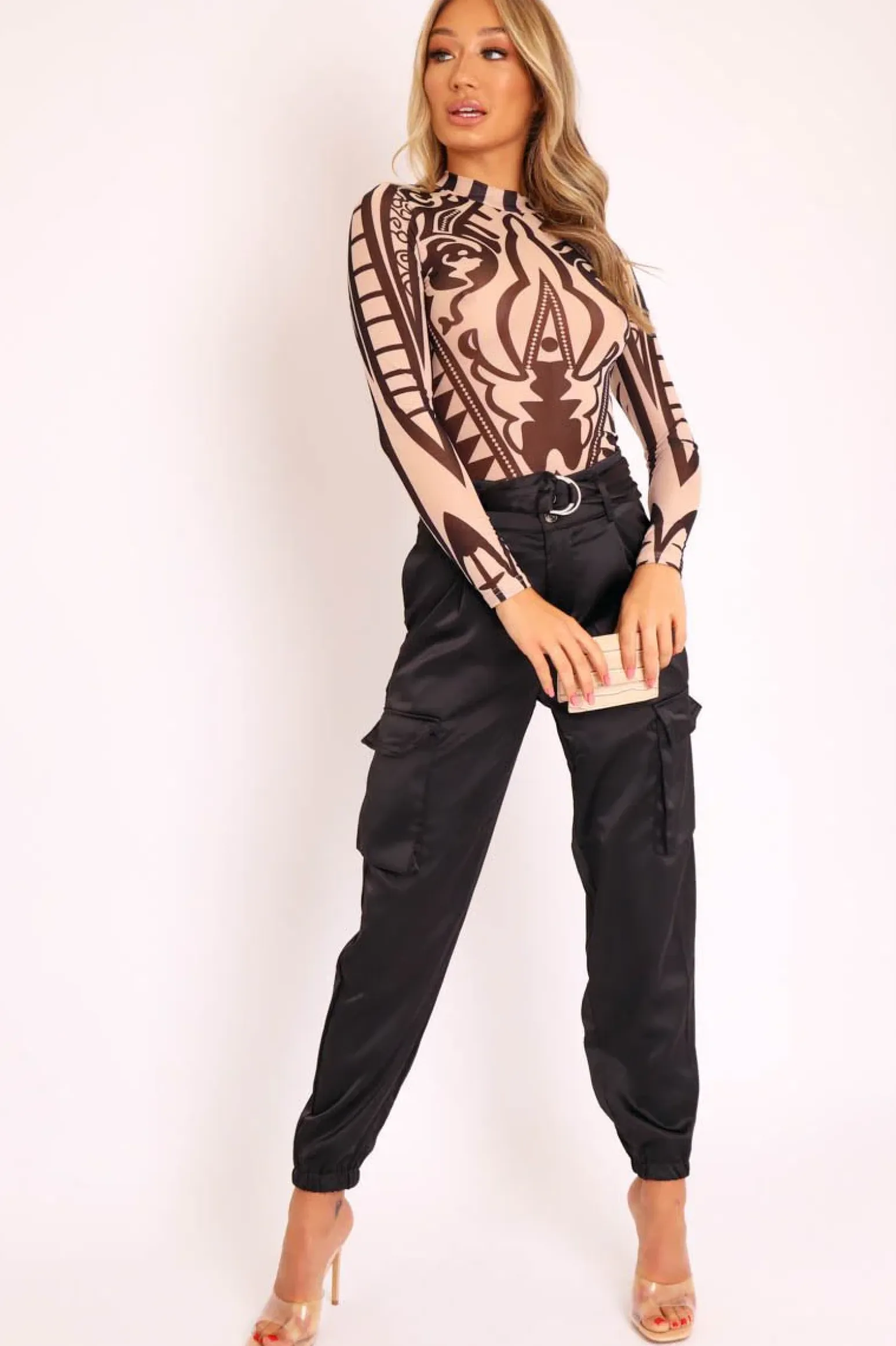 Rebellious Fashion Nude Black Mesh Long Sleeve Patterned Bodysuit - Caci